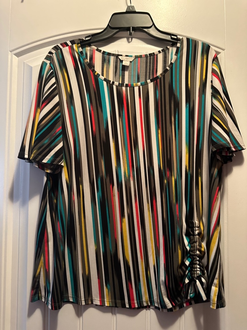 Cato Striped Short-Sleeve Tee with Side Ruching in Multicolor